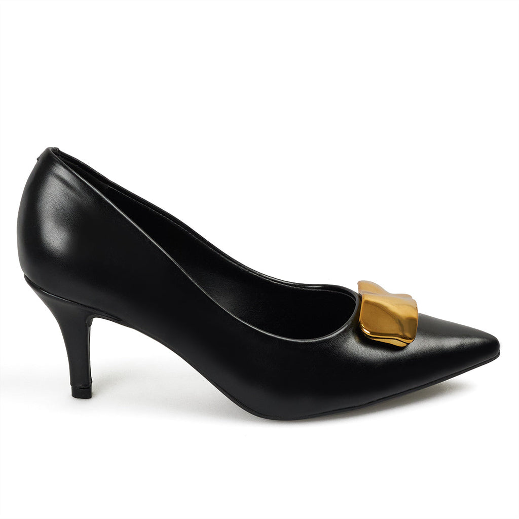 Tacon Medio Negro-Negro-Dorado Stiletto Vizzano