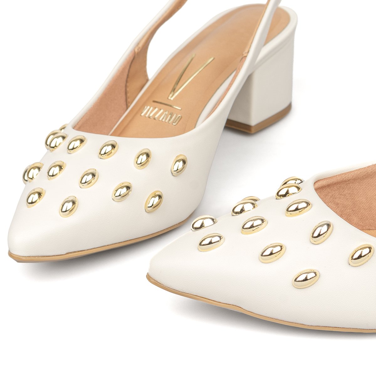 Tacón Bajo Cuadrado Slingback Marfil Dorado Vizzano Tacones