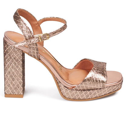 Sandalia Tacon Alto Cuadrado Plataforma Oro Rosa Metalico Vizzano Sandalia tacon