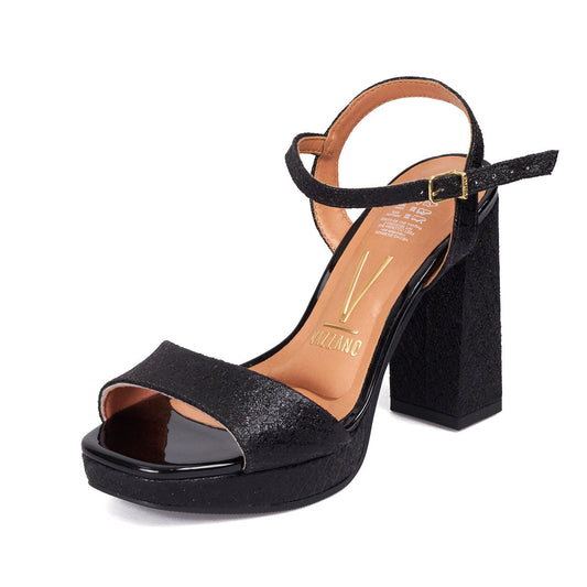 Sandalia Tacon Alto Cuadrado Plataforma Negro Metalico Vizzano Sandalia tacon