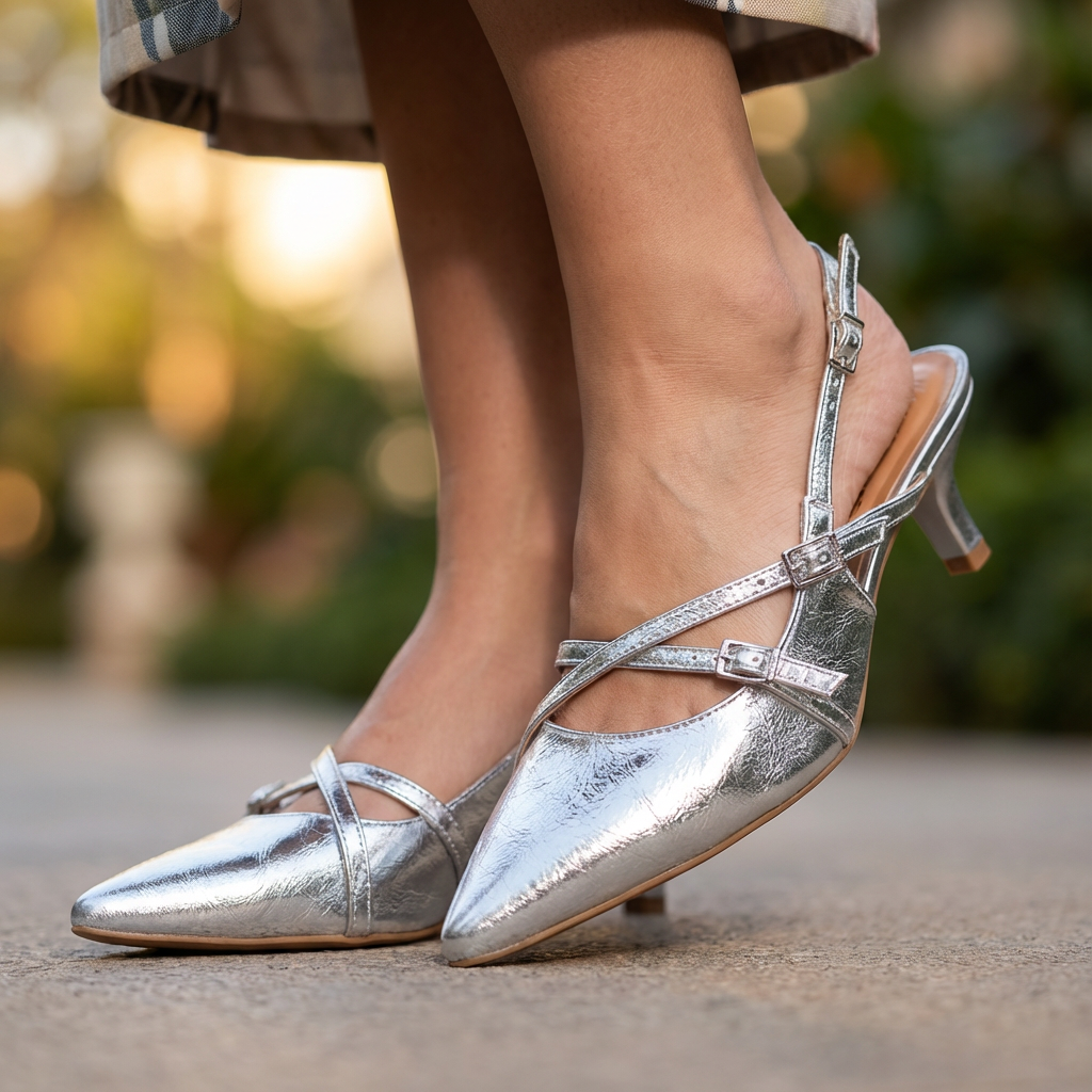 Tacon Bajo Plateado Slingback Kitten Vizzano Stiletto